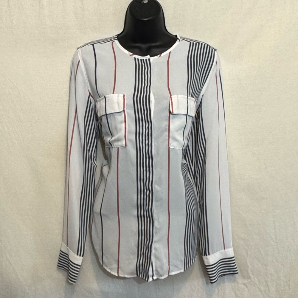 I-27 WhoWhatWear White Red & Black Stripe‎ Long Sleeve Button Down Blouse Size M